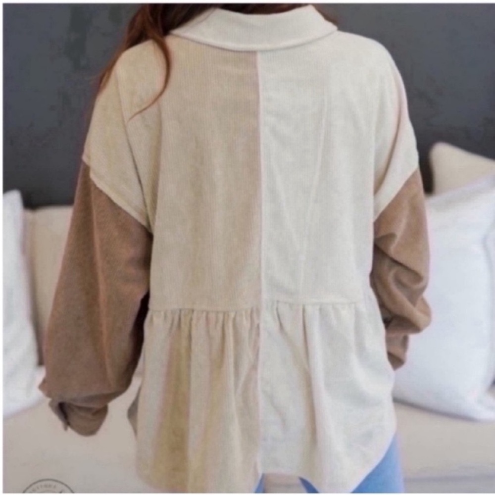 Cream and Tan Peplum Button Down Shirt - Picture 12 of 13